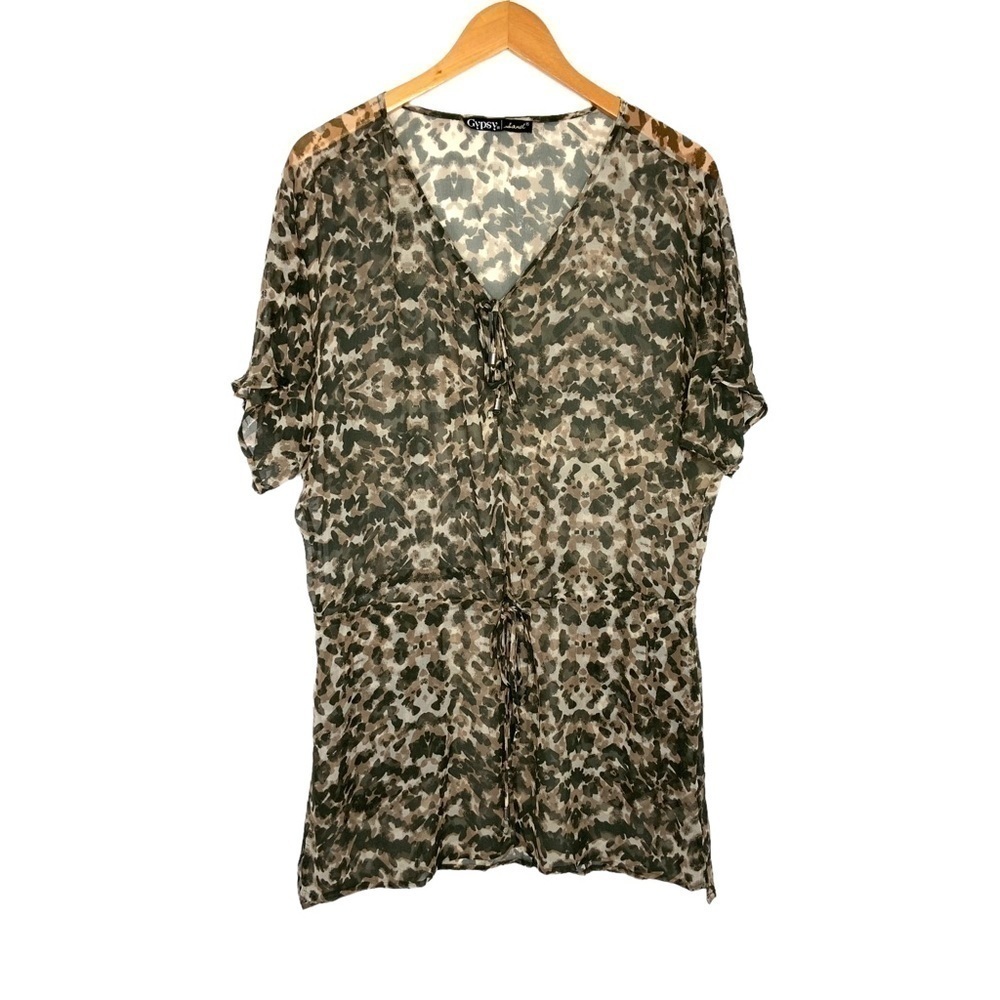 Gypsy o5 Sand Women Silk Animal Print Sheer Swim Coverup XS Brown Short Sleeve